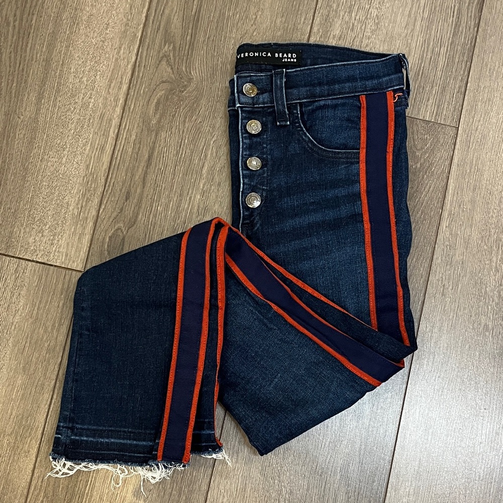 Veronica Beard mini boot cut jeans with tuxedo stripe
